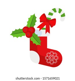 Christmas Red Sock with sweets and gifts. Decoration for new year and Xmas for holiday card, booklet, brochure and website. Flat cartoon illustration isolated on white background.