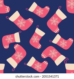 Christmas red socks doodle seamless pattern. Merry Christmas and Happy New Year print design