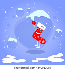 Christmas Red Socks Hanging on Icicle Cartoon Character Concept Blue Snow Background Illustration