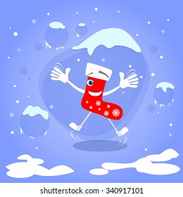 Christmas Red Socks Jumping Up Excited Smile Cartoon Character Concept Blue Snow Background Illustration