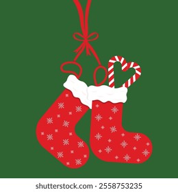 Christmas red socks on green background.vetor illustration.