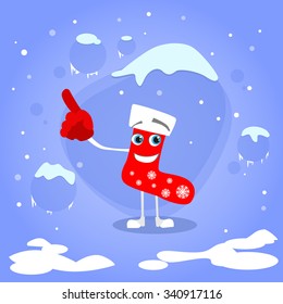 Christmas Red Socks Pointing Finger Up Showing Empty Copy Space Cartoon Character Concept Blue Snow Background Illustration