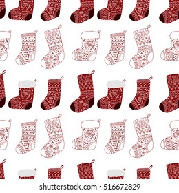 Christmas red socks. Stylized stockings. Set of decorative Christmas stockings with ornaments. Merry Christmas. Vector seamless pattern.
