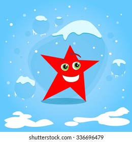 Christmas Red Star Cartoon Character Concept Blue Snow Background Flat Vector Illustration