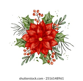 Navidades Flor de estrella roja, rama de abeto, bayas de acebo Composición Vector Clip Arte