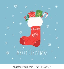 Christmas red stocking with gifts, candy cane and holly branch, snowflakes. Christmas greeting card. Flat cartoon vector illustration