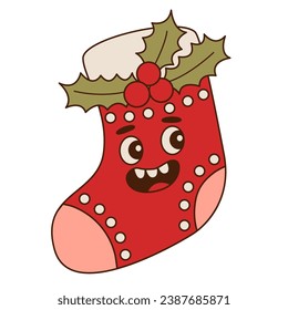 Christmas red stocking isolated on white background. Merry Christmas and Happy New Year groovy sticker. Funny retro flat cartoon character in trendy 60s-70s style. 