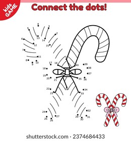 Christmas red striped candy cane. Dot to dot game for children. Connect the dots by numbers and draw a cartoon lollipop. Educational puzzle for kids. Vector illustration New Year caramel sweets.