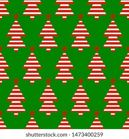 Christmas red striped tree on a green background. Seamless vector pattern with festive winter design.