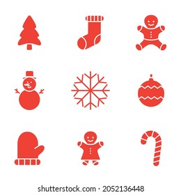 Christmas red symbols icons set. Winter toys collection. New Year signs group. Vector illustration isolated on white background