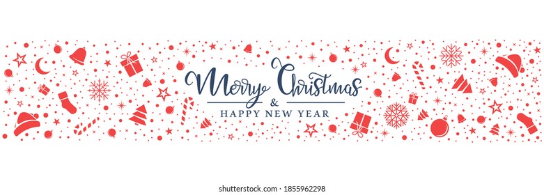 Christmas red symbols are randomly arranged on a white background. Christmas banner in flat style. Vector illustration