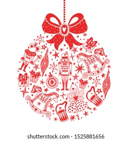 Christmas red tree ball. Christmas vector card. Around motif. Ballet the Nutcracker.