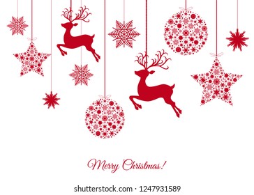 Christmas red  tree decoration  on  white  background. Happy New Year.  Xmas ball, reindeer and  snowflakes. Vector winter template  for greeting  card or party invitation. 