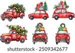 Christmas red truck with Poinsettia flower bouquet, pine cone, holly leaves, Buffalo Plaid bow ribbon. Farmhouse vintage car, Winter rustic truck, Watercolor Xmas truck,pickup truck