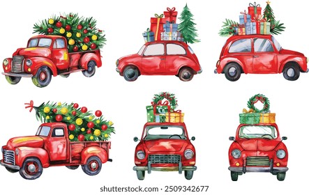 Christmas red truck with Poinsettia flower bouquet, pine cone, holly leaves, Buffalo Plaid bow ribbon. Farmhouse vintage car, Winter rustic truck, Watercolor Xmas truck,pickup truck