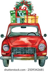 Christmas red truck with Poinsettia flower bouquet, pine cone, holly leaves, Buffalo Plaid bow ribbon. Farmhouse vintage car, Winter rustic truck, Watercolor Xmas truck,pickup truck