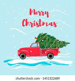 Christmas Red Truck With A Christmas Tree . Cartoon Style. Happy Holiday Poster.