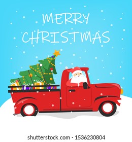 Christmas red truck and tree. Greeting card, december holiday. Gifts and fir transportation.