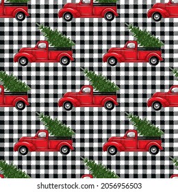 
Christmas red truck and Christmas tree black   white buffalo check  plaid  Vector seamless pattern   Vintage holiday design 