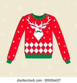 Christmas red ugly vector sweater with deer