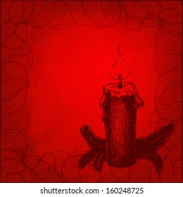 Christmas red vector card with hand drawn candle and fir tree needles
