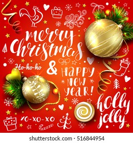 Christmas red vector card with realistic fir tree, balls, decorations and handmade lettering. Hand drawn elements and calligraphy inscriptions. Ink rooster. 3D.