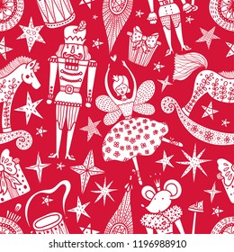 Christmas red vector seamless Nutcracker pattern.  Seamless pattern can be used for wallpaper, pattern fills, web page background, surface textures.