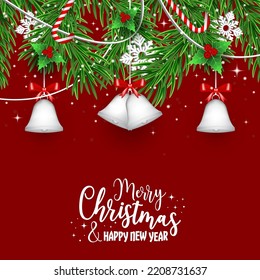 Christmas red vector winter banner with holly berries, bells with ribbon, branches, magic wands and snowflakes. Happy New Year.
