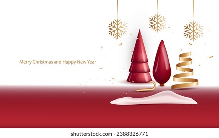 Christmas red and white background with realistic 3d geometric trees, gold ribbon and snowflakes. Holiday winter x-mas card with ice snow and confetti vector design.