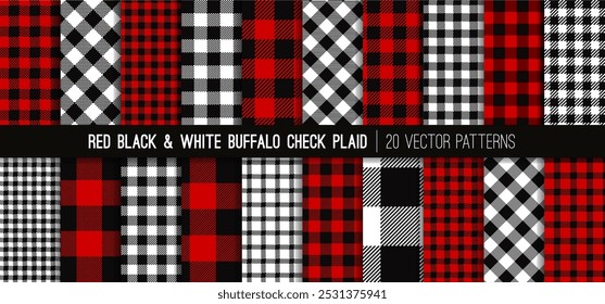 Christmas Red, White and Black Buffalo Check Plaid Vector Patterns. Set of 20 Lumberjack Flannel Shirt Fabric Textures. Rustic Xmas Backgrounds. Pattern Tile Swatches Included.