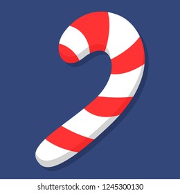 Christmas red and white candy cane vector. Tasty dessert for holiday celebration. Sweet sugar traditional element for decoration.