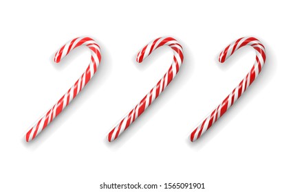 Christmas red and white candy cane isolated on a white. Three option with different color saturation. Realistic 3d vector illustration. Design element