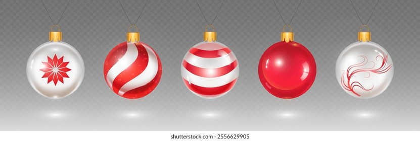 Christmas red and white glass baubles with abstract ornament, swirl linear decoration, shimmering glitter and gold holders. Realistic 3d vector hanging festive xmas tree balls with golden elements.