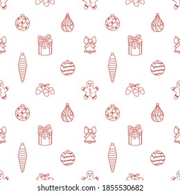 Christmas red and white outline seamless pattern with gingerbread, balls, candy and bell. Vector illustration