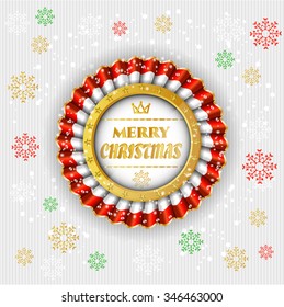 Christmas red, white rosette with golden label with text Merry Christmas situated on bright, striped background with falling snowflakes