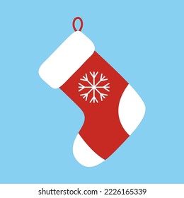 Christmas red and white sock with snowflake isolated on blue background. Vector flat illustration for winter, New Year