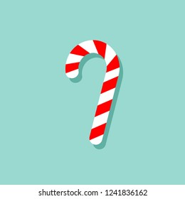 A christmas red and white streped sweet cane. Candy cane vector image isolated at blue background. Card design.