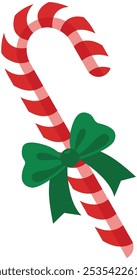 Christmas Red White Stripe Candy Cane With Cute Green Ribbon Decorative Vector Flat Ilustration 