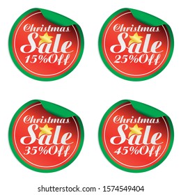 Christmas red,green sale stickers set 15%, 25%, 35%, 45% off.Vector illustration