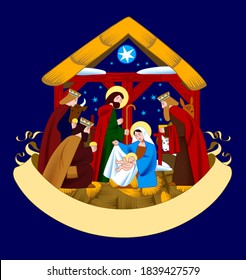 Cartel de retransmisión de Navidad con una escena de la Natividad de Cristo y Adoración de la Magia y banner de la cinta retro aislado en fondo azul oscuro. Ilustración vectorial en estilo plano