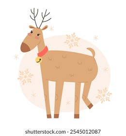 Christmas Reindeer Among Snowflakes in flat style