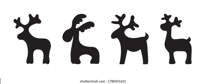 Christmas reindeer, animals holiday toys, black silhouettes isolated on white background. Vector illustration