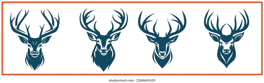 Christmas reindeer with antler face head logo style vector icons set