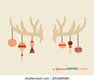 Christmas Reindeer Antlers Decorated With Boho Chic Hanging Decorations. Vector Drawing Isolated. Great Symbol For Cards And Posters With Vintage Vibes. 