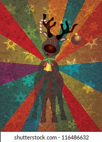 Christmas Reindeer with Bells Candy Cane Tree Ornament on Snowflakes and Colorful Rays Texture Background Vector Illustration