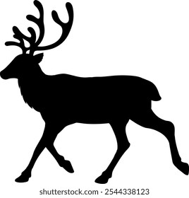 Christmas Reindeer Black Silhouette Walking. Vector Hand Drawn Illustration Isolated On Transparent Background