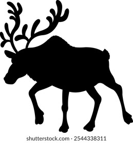 Christmas Reindeer Black Silhouette Walking. Vector Hand Drawn Illustration Isolated On Transparent Background