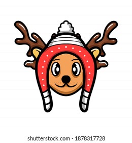 Christmas Reindeer with bunny hat. Vector Cartoon character on isolated background. Winter vibes. Christmas gift. Christmas illustration.