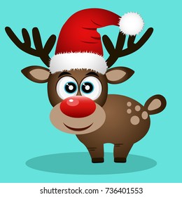 Christmas Reindeer. Christmas card. Funny reindeer in a Santa suit. Vector illustration.
