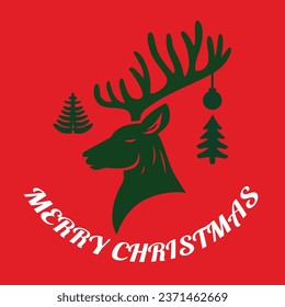 Christmas reindeer card template with Merry Christmas text on red background. vector illustration EPS 10.